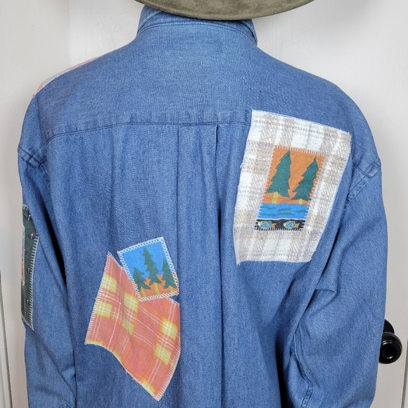 Vintage Ashley Hill Wilderness Denim Shirt Patchwork Western Outdoors Vibes L - Picture 14 of 16